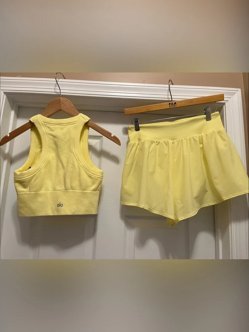 NWOT ALO yellow high neck delight bra Tank and fluttery Short Set